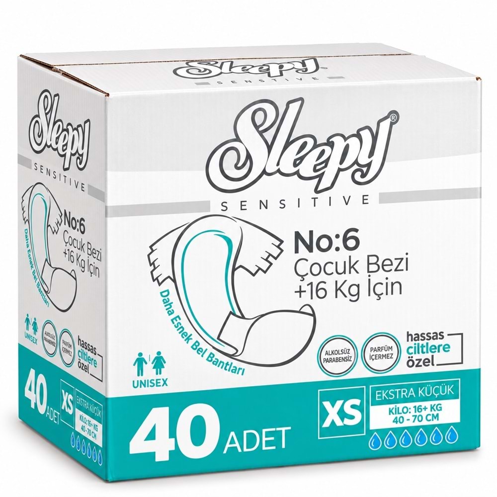 Sleepy Çocuk Bezi Bel Bantlı XS - Extra Küçük - Ekstra Küçük 40 Adet (16+ KG Bel Ölçüsü 40-70 CM)