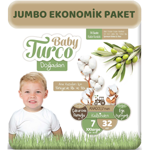 Baby Turco Bebek Bezi Doğadan Beden:7 (20-30Kg) XXLarge 32 Adet Jumbo Ekonomik Pk