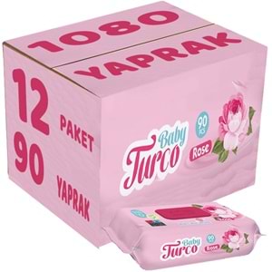 Baby Turco Islak Havlu Mendil 90 Yaprak Gül/Rose 12 Li Set 1080 Yaprak Plastik Kapaklı