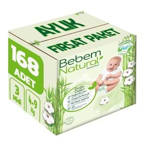 Bebem Bebek Bezi Natural Beden:3 (4-9Kg) Midi 168 Adet Aylık Fırsat Pk