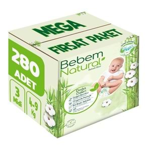 Bebem Bebek Bezi Natural Beden:3 (4-9Kg) Midi 280 Adet Mega Fırsat Pk