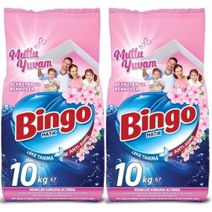 Bingo Matik Toz Çamaşır Deterjanı 20KG Beyazlar ve Renkliler (2PK*10KG) (134 Yıkama) (Mutlu Yuvam)