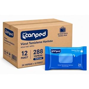 Canped Yetişkin Vücut Temizleme Islak Mendil Havlu 24 Yaprak Seyahat Boy 12 Li Set (288 Yaprak)