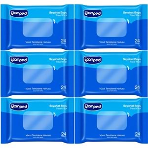 Canped Yetişkin Vücut Temizleme Islak Mendil Havlu 24 Yaprak Seyahat Boy 6 Lı Set (144 Yaprak)