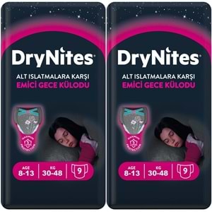 Drynites Emici Gece Külodu/Külot Bez Kız 8-13 Yaş 30-48KG Large 18 Adet 2PK*9 Alt Islatmalara Karşı