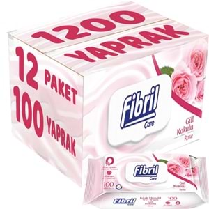 Fibril Islak Havlu Mendil 100 Yaprak Gül Plastik Kapaklı (12 Li Set) 1200 Yaprak