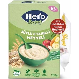 Hero Baby Kaşık Maması 200GR Sütlü 8 Tahıllı Meyveli + Islak Mendil Hediye (9 Lu Set)