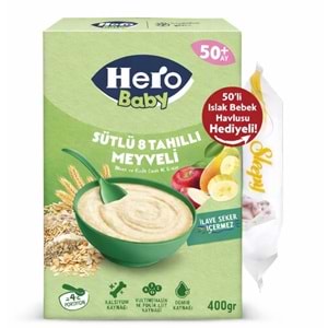 Hero Baby Kaşık Maması 400GR Sütlü 8 Tahıllı Meyveli + Islak Mendil Hediye (5 Li Set)