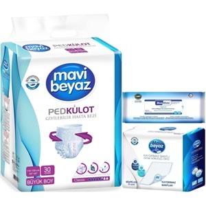 Mavi Beyaz Ped Emici Külot Hasta Bezi L 30 Adet + Yatak Koruyucu 30 Adet + Temizleme Havlusu 1 Pk
