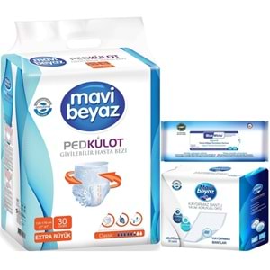 Mavi Beyaz Ped Emici Külot Hasta Bezi XL 30 Adet + Yatak Koruyucu 30 Adet + Temizleme Havlusu 1 Pk