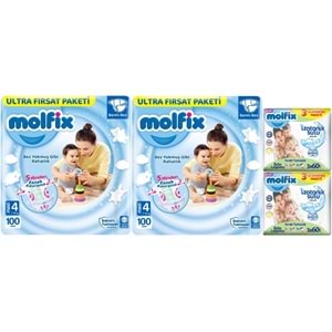 Molfix Bebek Bezi Beden:4 (7-14Kg) Maxi 200 Adet Ekonomik Ultra Fırsat Pk+6 Adet Islak Mendil