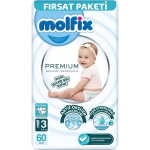 Molfix Premium Bebek Bezi 3 Beden 4-9 KG Midi 60 Adet Fırsat Pk + 3 Adet Islak Mendil