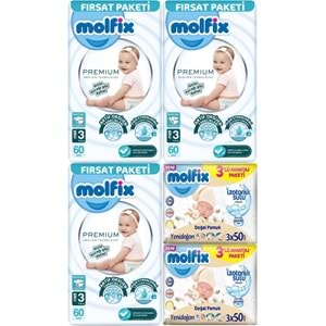 Molfix Premium Bebek Bezi Beden:3 (4-9KG) Midi 180 Adet Fırsat Pk + 6 Adet Islak Mendil