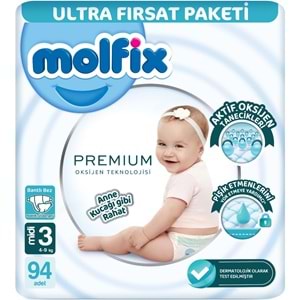 Molfix Premium Bebek Bezi 3 Beden 4-9 KG Midi 188 Adet Ultra Fırsat Pk + 3 Adet Islak Mendil