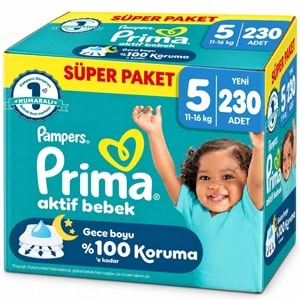 Prima Aktif Bebek Bebek Bezi 5 Beden 11-16 KG Junior 230 Adet Süper Mega Pk