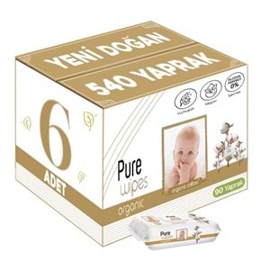Pure Baby Islak Havlu Mendil 90 Yaprak Yenidoğan Organic Pamuklu (6 Lı Set) 540 Yaprak Plstk Kapak