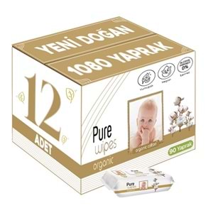 Pure Baby Islak Havlu Mendil 90 Yaprak Yenidoğan Organic Pamuklu (12 Li Set) 1080 Yaprak Plstk Kapak