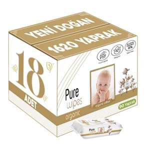 Pure Baby Islak Havlu Mendil 90 Yaprak Yenidoğan Organic Pamuklu (18 Li Set) 1620 Yaprak Plstk Kapak