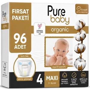 Pure Baby Organik Bebek Bezi 4 Beden 7-16 KG Maxi 96 Adet Ekonomik Fırsat Pk