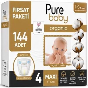 Pure Baby Organik Bebek Bezi 4 Beden 7-16 KG Maxi 144 Adet Aylık Fırsat Pk
