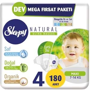 Sleepy Bebek Bezi Naturel Beden:4 (7-14Kg) Maxi 180 Adet 2 Li Jumbo Pk Serisi (3 Lü Set)