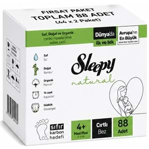 Sleepy Bebek Bezi Natural 4+ Beden (9-16 KG) Maxi Plus 88 Adet Ekonomik Fırsat Pk