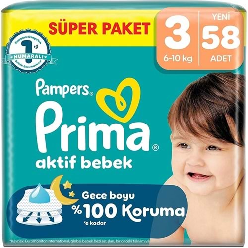 Prima Aktif Bebek Bebek Bezi 3 Beden 6-10 KG Midi 58 Adet Süper Pk