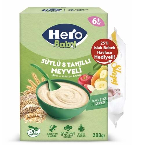 Hero Baby Kaşık Maması 200GR Sütlü 8 Tahıllı Meyveli + Islak Mendil Hediye