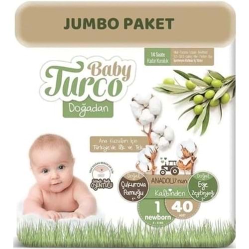 Baby Turco Bebek Bezi Doğadan 1 Beden 2-5 KG Yeni Doğan 40 Adet Jumbo Pk