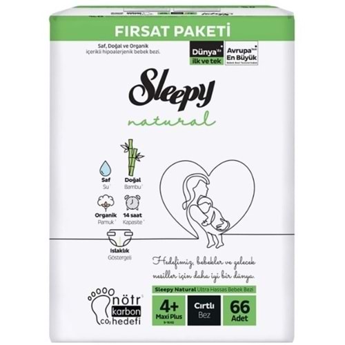 Sleepy Bebek Bezi Naturel Beden:4+ (9-16KG) Maxi Plus 66 Adet Fırsat Pk