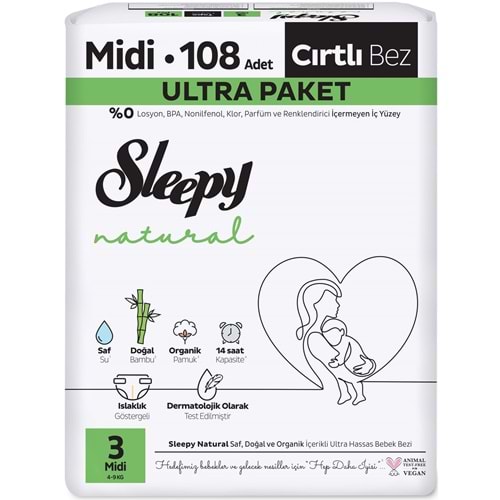 Sleepy Bebek Bezi Natural Beden:3 (4-9KG) Midi 108 Adet Ultra Pk