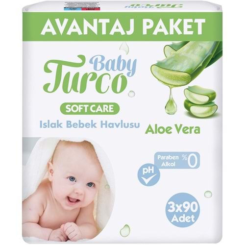 Baby Turco Islak Havlu Mendil Soft Care Aloe Vera 90 Yaprak (3 Lü Pk) 270 Yaprak Plastik Kapaklı