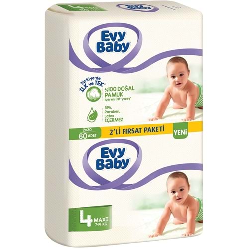 Evy Baby Bebek Bezi Beden:4 (7-14Kg) Maxi 60 Adet (2 Li Fırsat Pk Serisi)