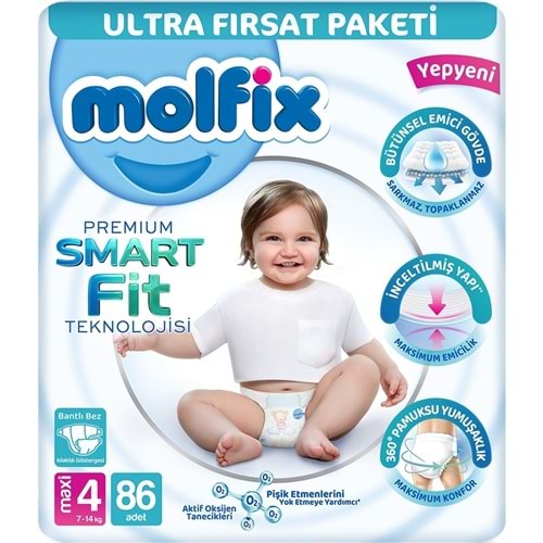 Molfix Premium Smart Fit Bebek Bezi 4 Beden 7-14 KG Maxi 86 Adet Ultra Fırsat Pk