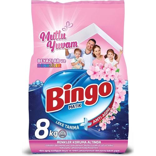 Bingo Matik Toz Çamaşır Deterjanı 8KG Beyazlar ve Renkliler 53 Yıkama (Mutlu Yuvam)