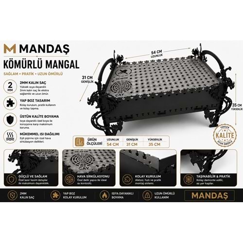 MANDAŞ Yapboz Kömürlü Mangal 54x31x35 cm - 2 mm Kalın Çelik - Elektrostatik Boyalı - Kolay Kurulum