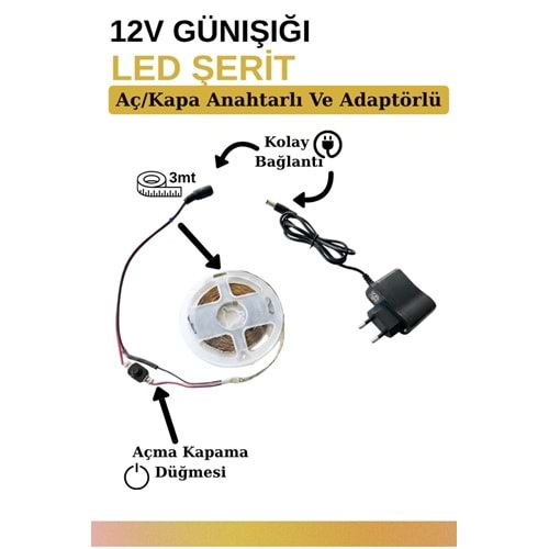 Mandaş 3 Metre Günışığı Şerit Led 3000K Mutfak Tezgah Üstü Dolap Altı İçin 12V Tam Set