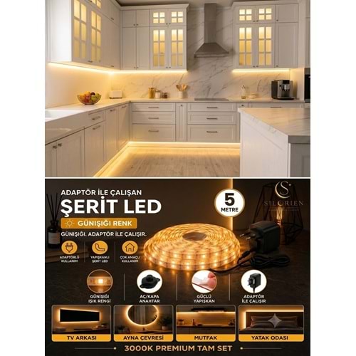 Silorien 5 Metre Günışığı Şerit LED Mutfak Dolabı Tezgah Üstü Adaptörlü Aç Kapa Düğmeli Tak Çalıştır