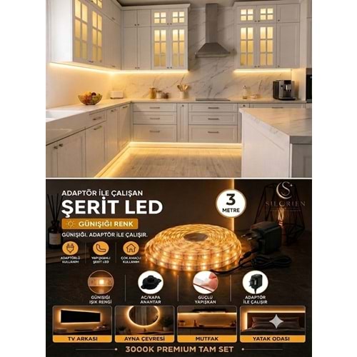 Silorien 3 Metre Günışığı Şerit LED Mutfak Dolabı Tezgah Üstü Adaptörlü Aç Kapa Düğmeli Tak Çalıştır
