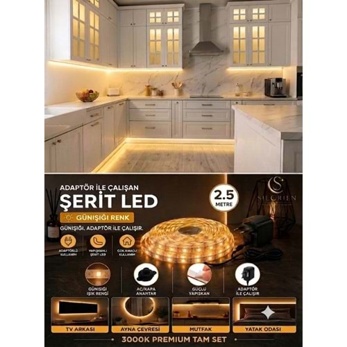 Silorien 2.5 Metre Günışığı Şerit LED Mutfak Dolabı Tezgah Üstü Adaptörlü Aç Kapa Buton Tak Çalıştır