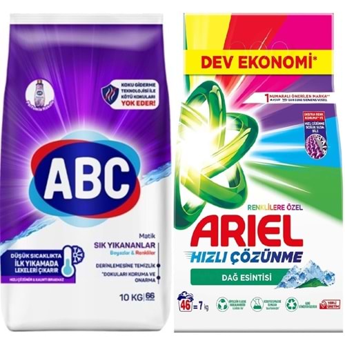 Abc Matik Toz Çamaşır Deterjanı 10KG Sık Yıkananlar Beyazlar/Renkliler (66 Yıkama) + 7KG Renkliler