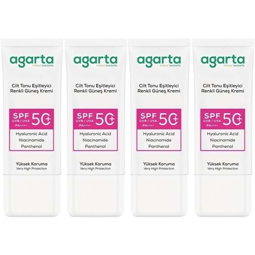 Agarta Cilt Tonu Eşitleyici Renkli Kapatıcı Etkili Spf+50 Faktör Güneş Kremi 50 ML (4 Lü Set)