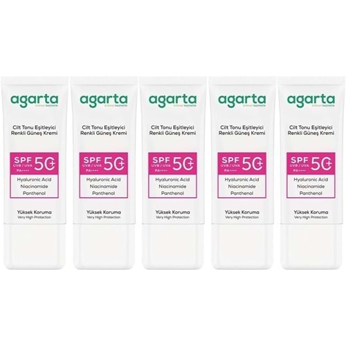 Agarta Cilt Tonu Eşitleyici Renkli Kapatıcı Etkili Spf+50 Faktör Güneş Kremi 50 ML (5 Li Set)