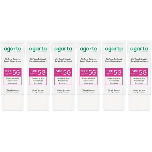 Agarta Cilt Tonu Eşitleyici Renkli Kapatıcı Etkili Spf+50 Faktör Güneş Kremi 50 ML (6 Lı Set)
