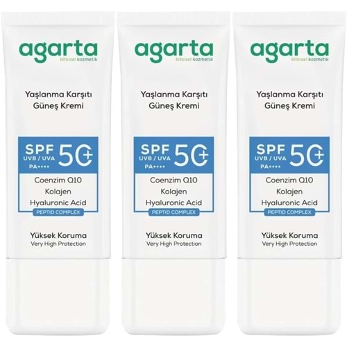 Agarta Yaşlanma Karşıtı Collagen Destekli Spf+50 Faktör Yüz Güneş Kremi 50 ML (3 Lü Set)