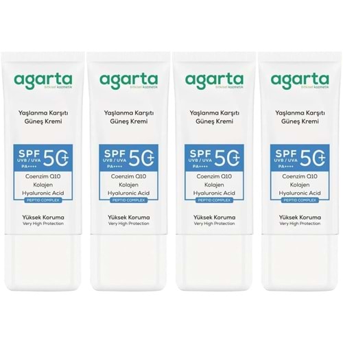 Agarta Yaşlanma Karşıtı Collagen Destekli Spf+50 Faktör Yüz Güneş Kremi 50 ML (4 Lü Set)
