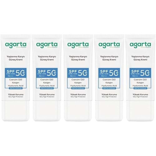 Agarta Yaşlanma Karşıtı Collagen Destekli Spf+50 Faktör Yüz Güneş Kremi 50 ML (5 Li Set)