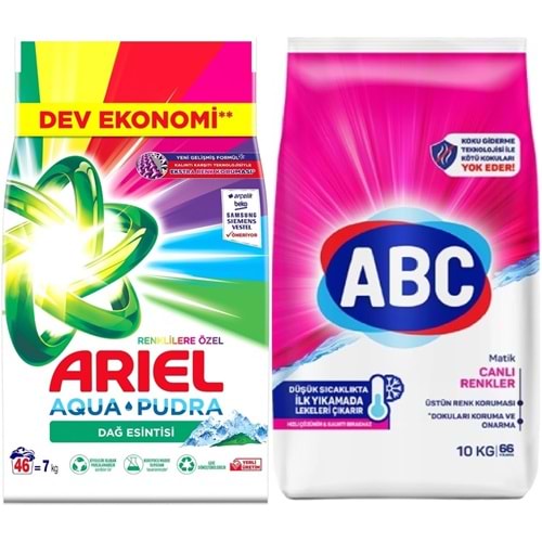 Ariel Matik Toz Çamaşır Deterjanı 7KG Renklilere Özel / Dağ Esintisi (46 Yıkama)+ 10KG Canlı Renkler