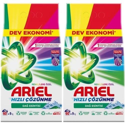 Ariel Matik Toz Çamaşır Deterjanı 18KG Renklilere Özel/Dağ Esintisi (2PK*9KG) (120 Yıkama)