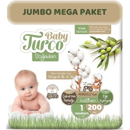 Baby Turco Bebek Bezi Doğadan Beden:1 (2-5Kg) Yeni Doğan 200 Adet Jumbo Mega Pk